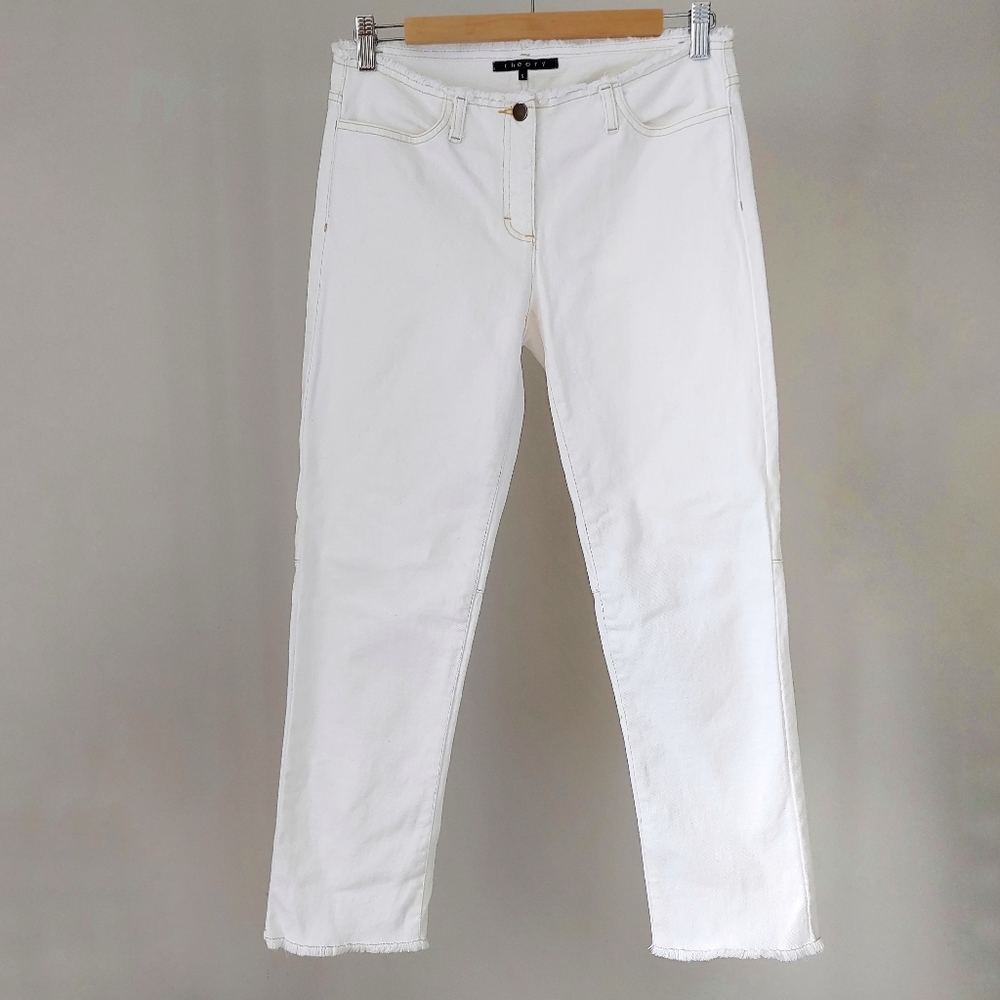 Theory White Raw Edge Waist Hem Cropped Jeans Size 6